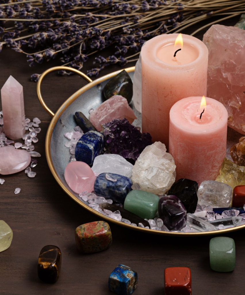 wellness therapies, crystals on a plate with 3 candles